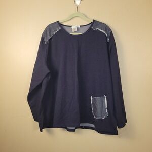 Ulla Popken Womens Top 20/22 Navy Blue Relaxed Fit Pocket Long Sleeve